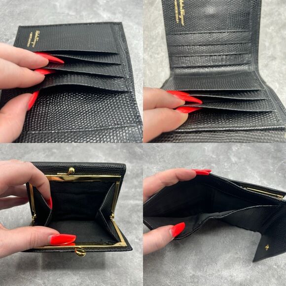 Salvatore Ferragamo Vara Bow Black Trifold Compact Wallet Clasp Leather - Picture 12 of 16